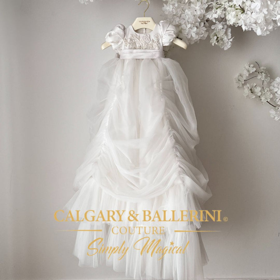 Long white christening gown with pearls and lace bonnet, delivered to Ireland