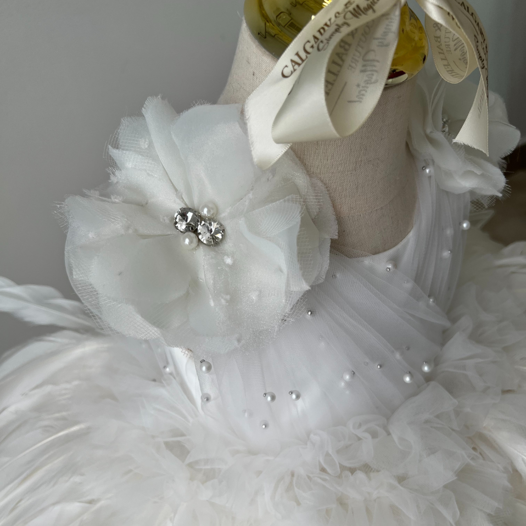 White feather ball gown