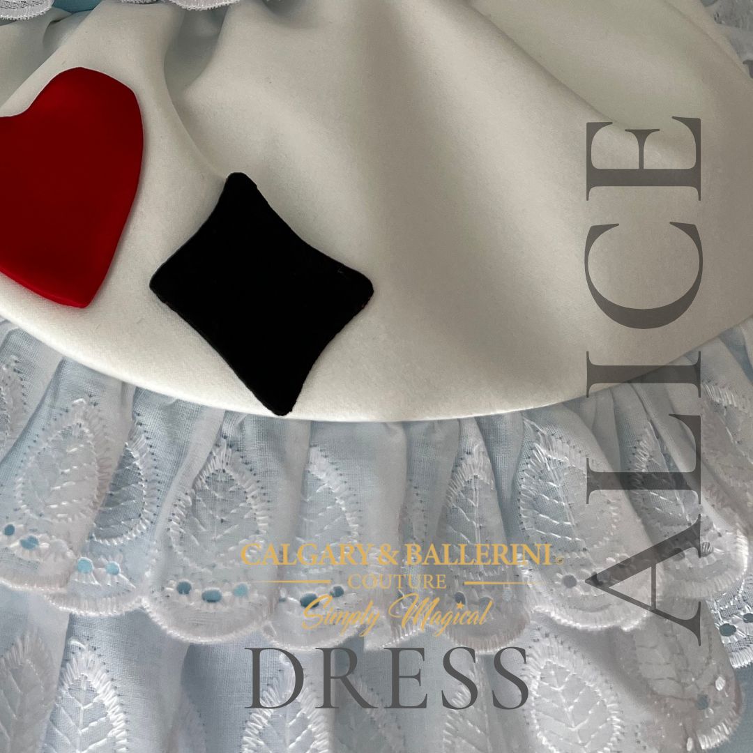 Couture Disney Alice in wonderland costume for toddler girls - close up to show red heart motif on skirt 