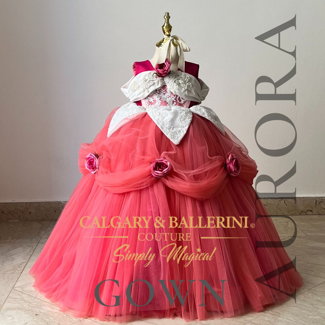 Shop Artisan Briar Rose Embroidery on Luxury Red Dress – Close-up of Handmade Details on Sleeping Beauty Inspired Ball Gown, Calgary and Ballerini.