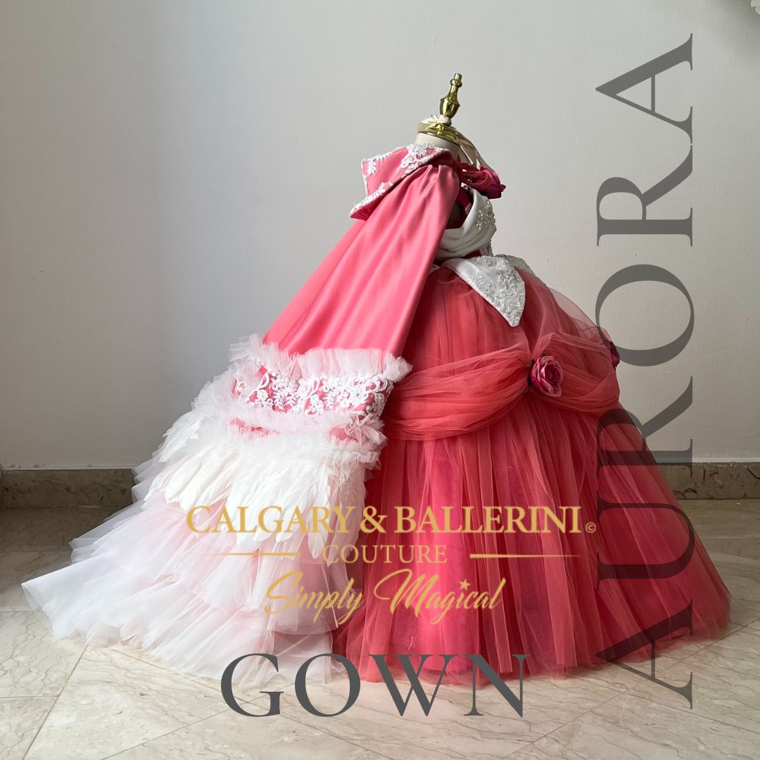 Aurora-inspired princess costume with lace and floral details Buy Sleeping Beauty Artisan Gown with Cape | 10-Day Priority Shipping