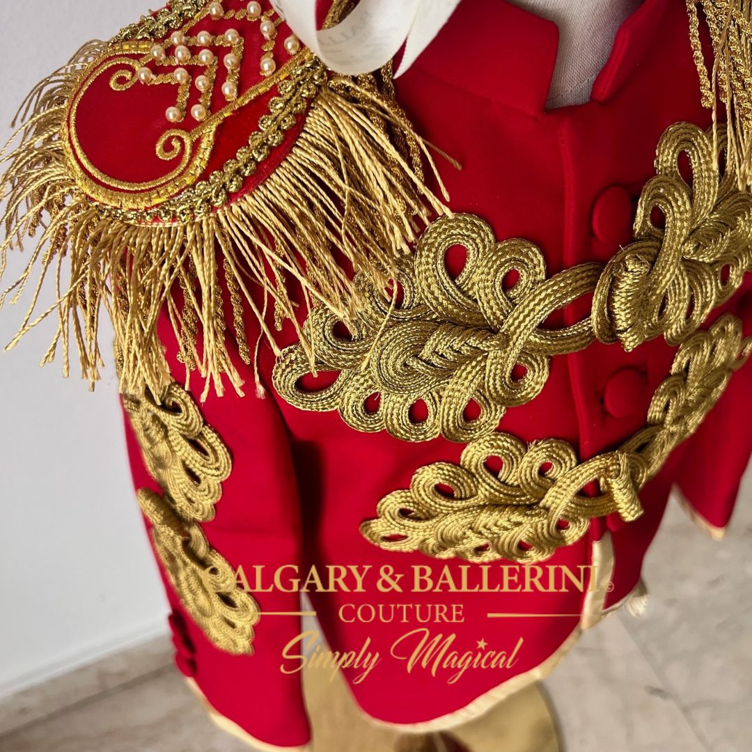 Baby boy first birthday costume in red and gold ringmaster design