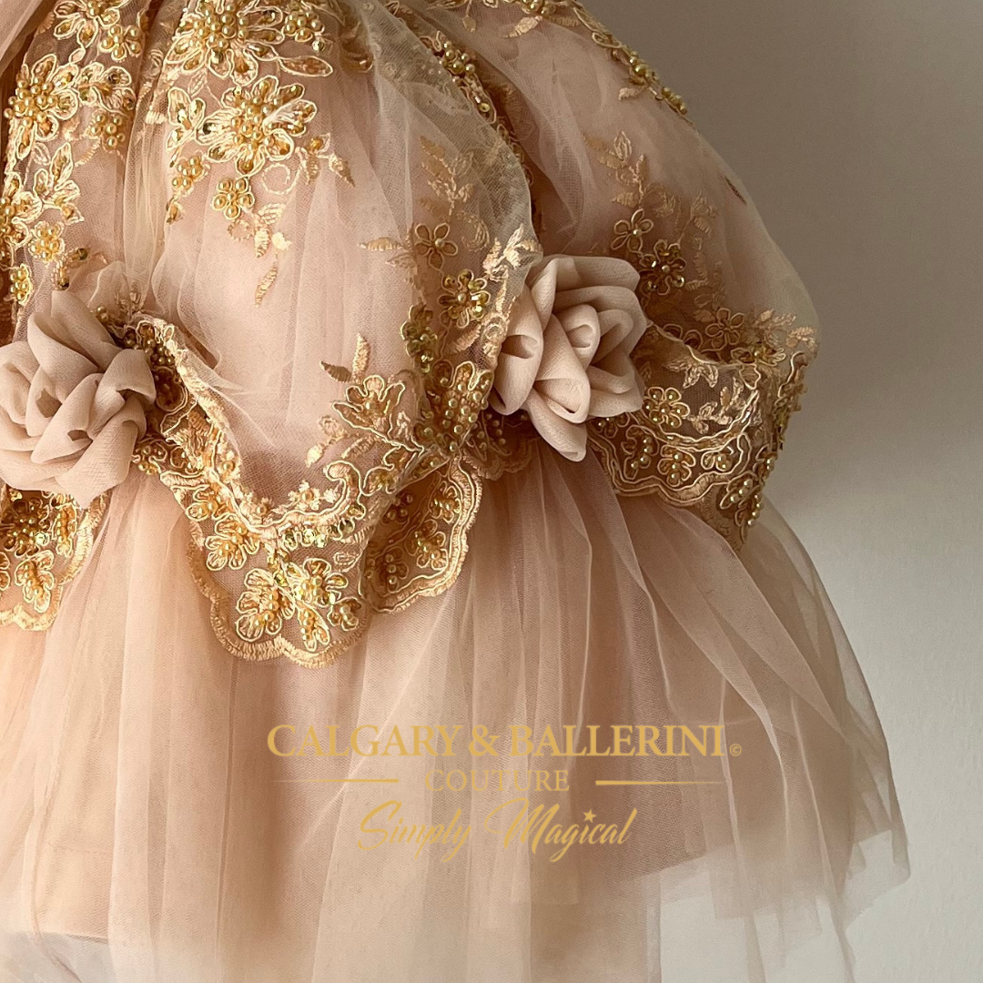 Couture first birthday dress for baby girl in rose gold