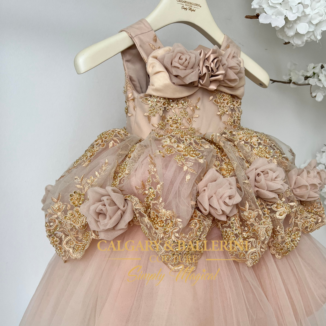 Handcrafted rose gold birthday outfit for baby girl