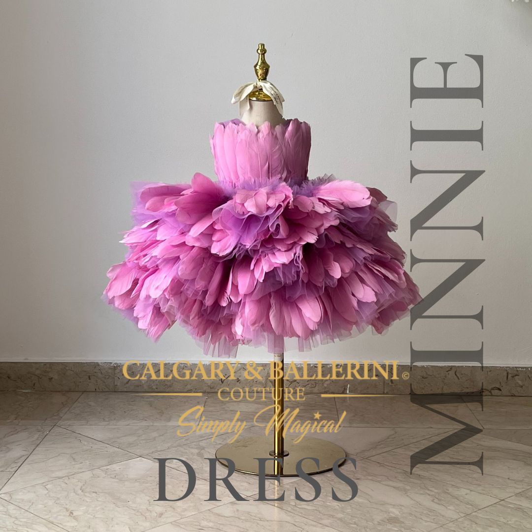 Purple feather goose and ostrich couture for professional girls photoshoot, luxury handmade violet birthday gown, heirloom ostrich feather dress Calgary and Ballerini