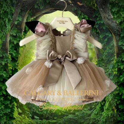 2026 Children's dress with large bow hanging against a green leafy background