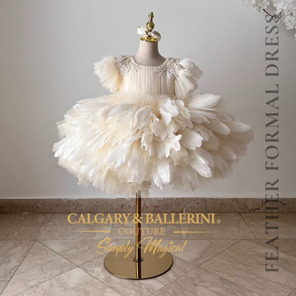 Elegant baptism dress for toddlers and girls with feather details
