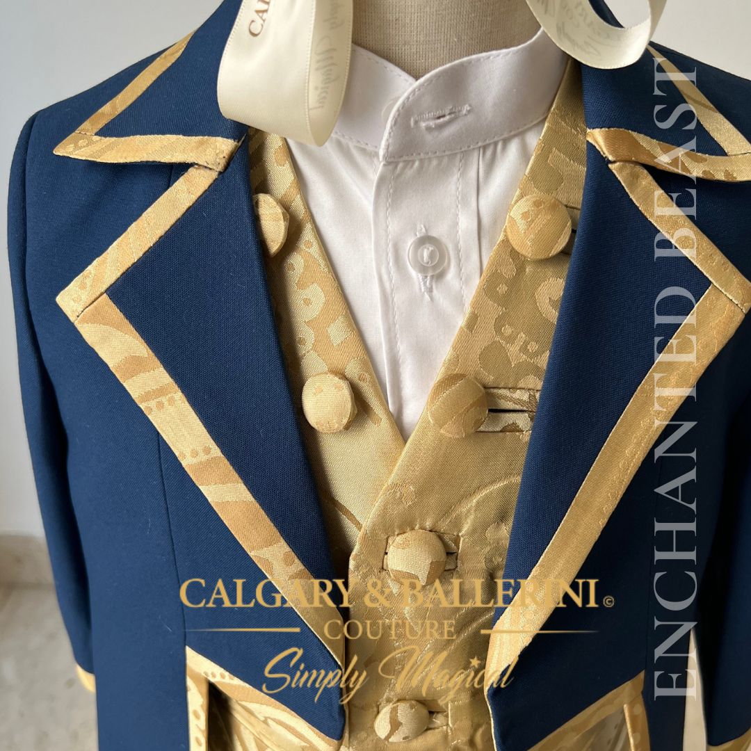front view jacket blue ad gold with white dress shirt 