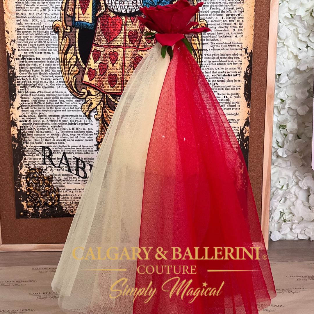 Beauty and the Beast inspired princess cone hat, luxury yellow quilted satin with red rose motif and vintage lace, handmade birthday couture accessory, Calgary and Ballerini