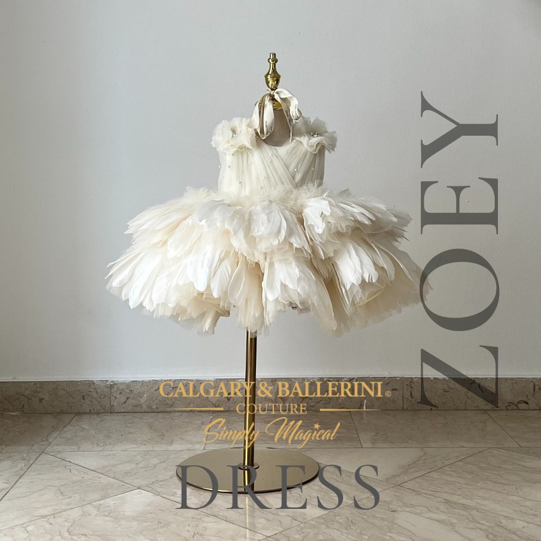 Luxury beauty pageant dress for babies with ivory feathers, perfect for infant pageants and special occasions.