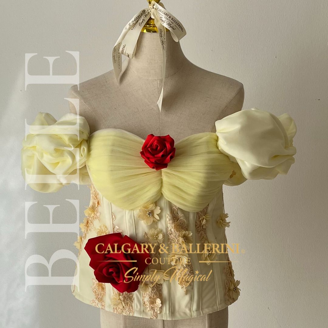 front view yellow bodice with pleating on bodice front 