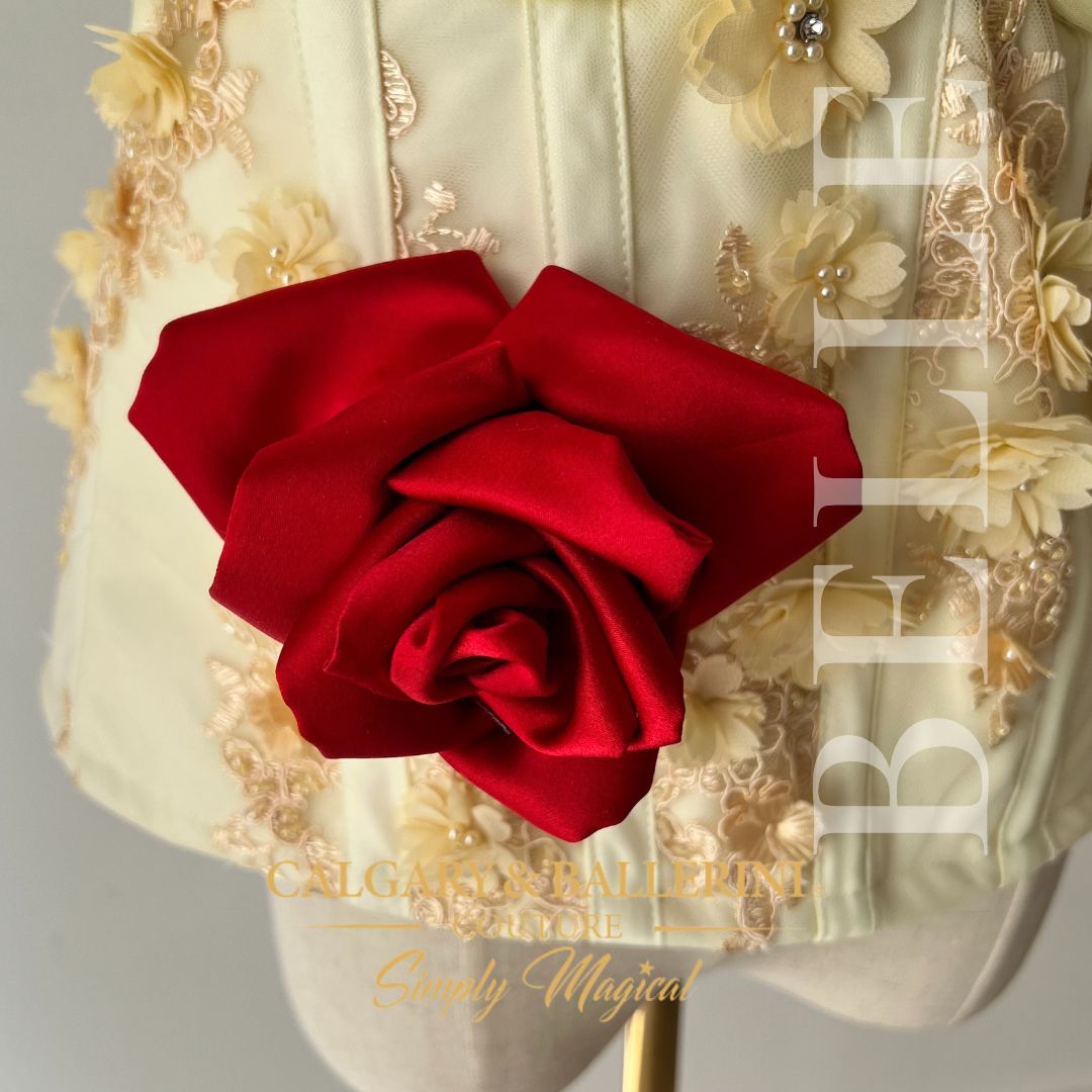 close up satin over sized rose on side waist 