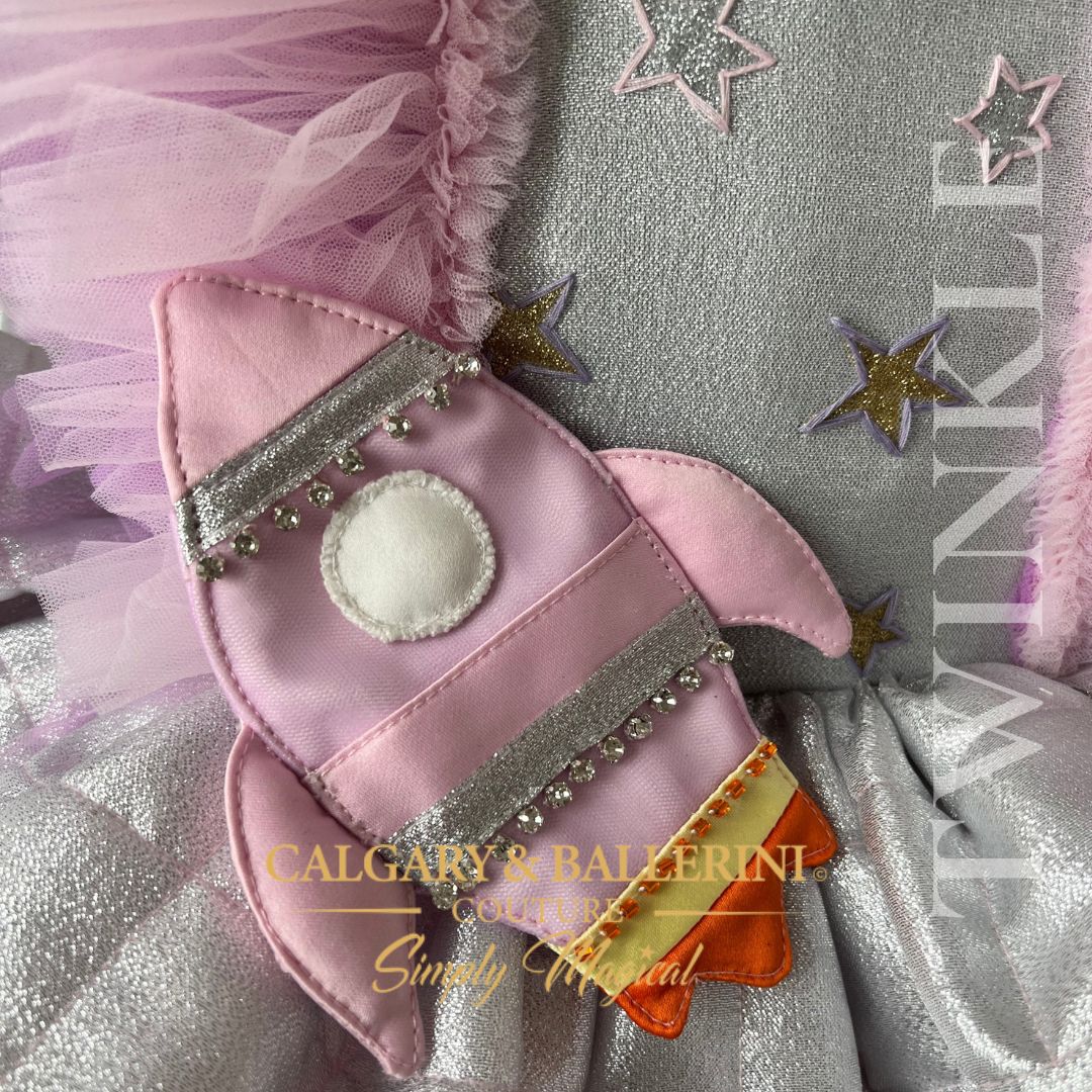 Shop Bespoke Celestial Heirloom Birthday Dress in Silver Metallic – High-End Galaxy Inspired Couture for First Birthday Celebrations, Calgary and Ballerini.