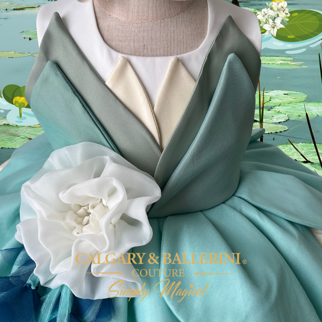 order Exclusive Bespoke Tiana Inspired Milestone Dress – High-End Botanical Fairytale Gown with Intricate Lily Pad Detail, Calgary and Ballerini.