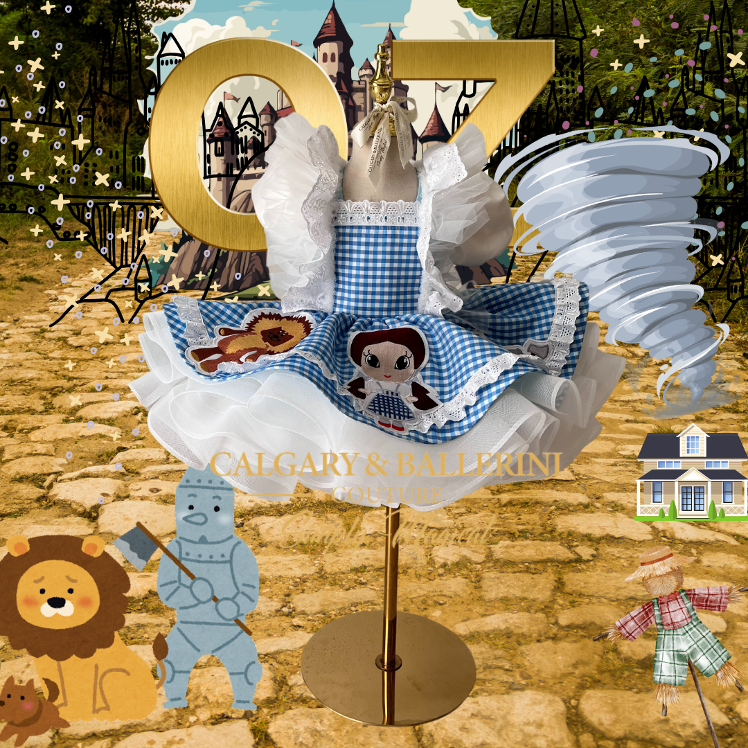 Order bespoke Wizard of Oz theme birthday dress in the iconic Dorothy style, premium portrait-grade couture with luxury character embroidery.