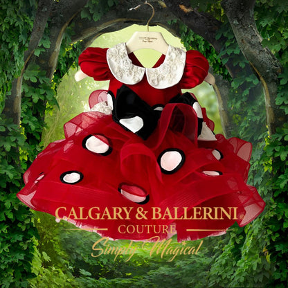 First Birthday Baby Girl Dress "Ruby Polka-Dot Royale" Couture Outfit