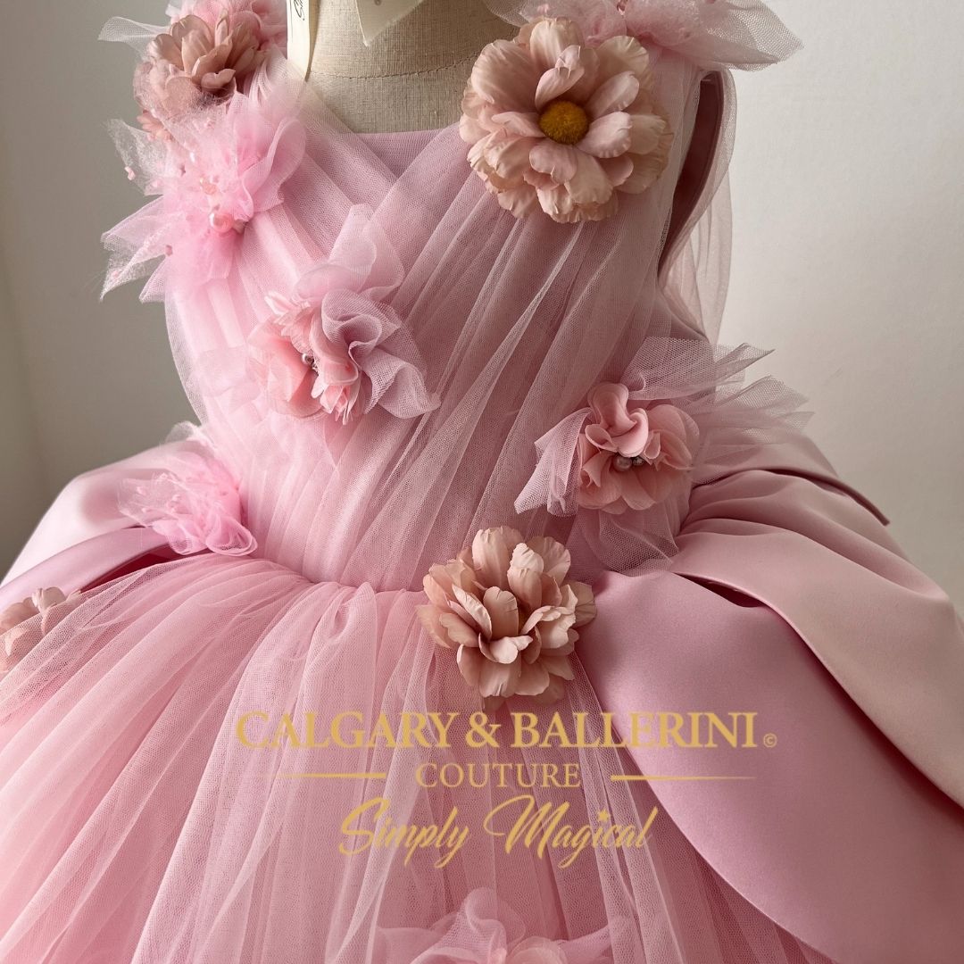 Pink Thumbelina flower girl dress with satin petals, luxury handmade puffy order birthday party tulle princess gown, enchanted garden theme birthday outfit for toddlers, Calgary and Ballerini.