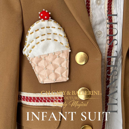 Boys 1st birthday Candyland suit with luxury top hat and vest, handmade candy motifs and artisan trimming, high-end milestone portrait outfit, Calgary and Ballerini.