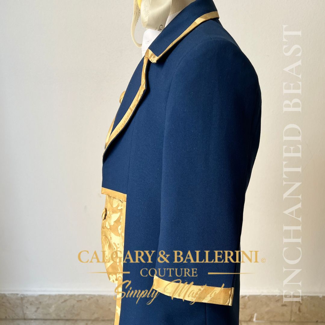 Boys royal prince Beast couture for professional photography, luxury handmade blue velvet suit with intricate gold trimming, boutique heirloom birthday outfit, Calgary and Ballerini.