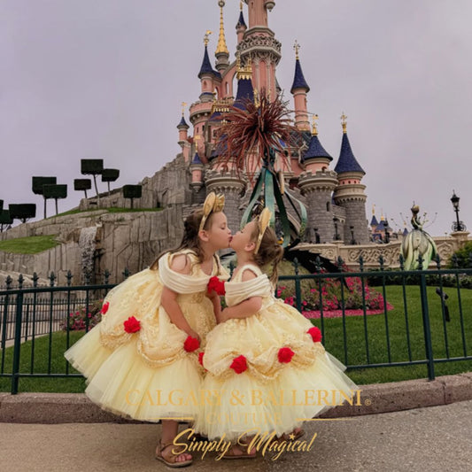 Buy birthday party Belle Inspired Luxury Yellow Lace coquette theme party Birthday Dress – Handmade Yellow Tulle and Satin Gown with Red Rose Appliqués for Royal Princess Parties, Calgary and Ballerini.