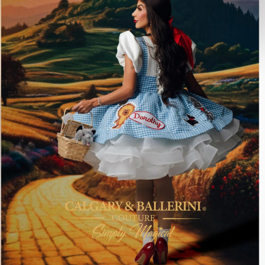 Buy our luxury mommy and me Wizard of Oz matching dresses in blue gingham, featuring bespoke embroidery of Dorothy, Lion, and Tin Man by Calgary and Ballerini.