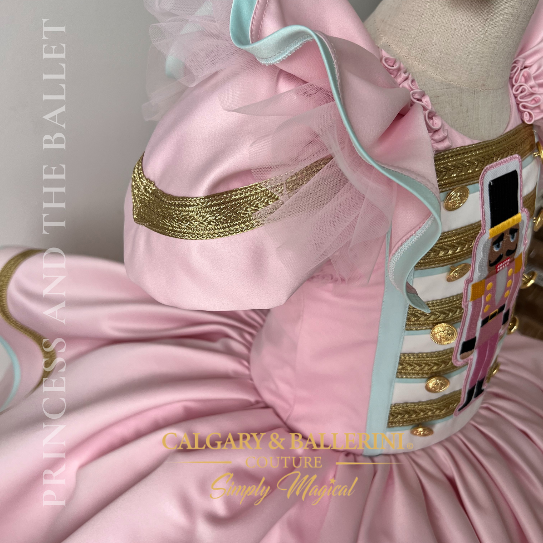 order handmade girls dress pink satin puff sleeves with gold braid 