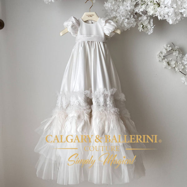 Satin and lace long christening gown