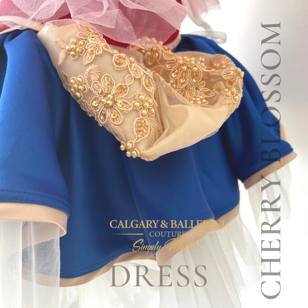 Mulan Disney princess costume , Mulan dress girls close up side view of costume  - blue satin skirt with gold beaded lace details 