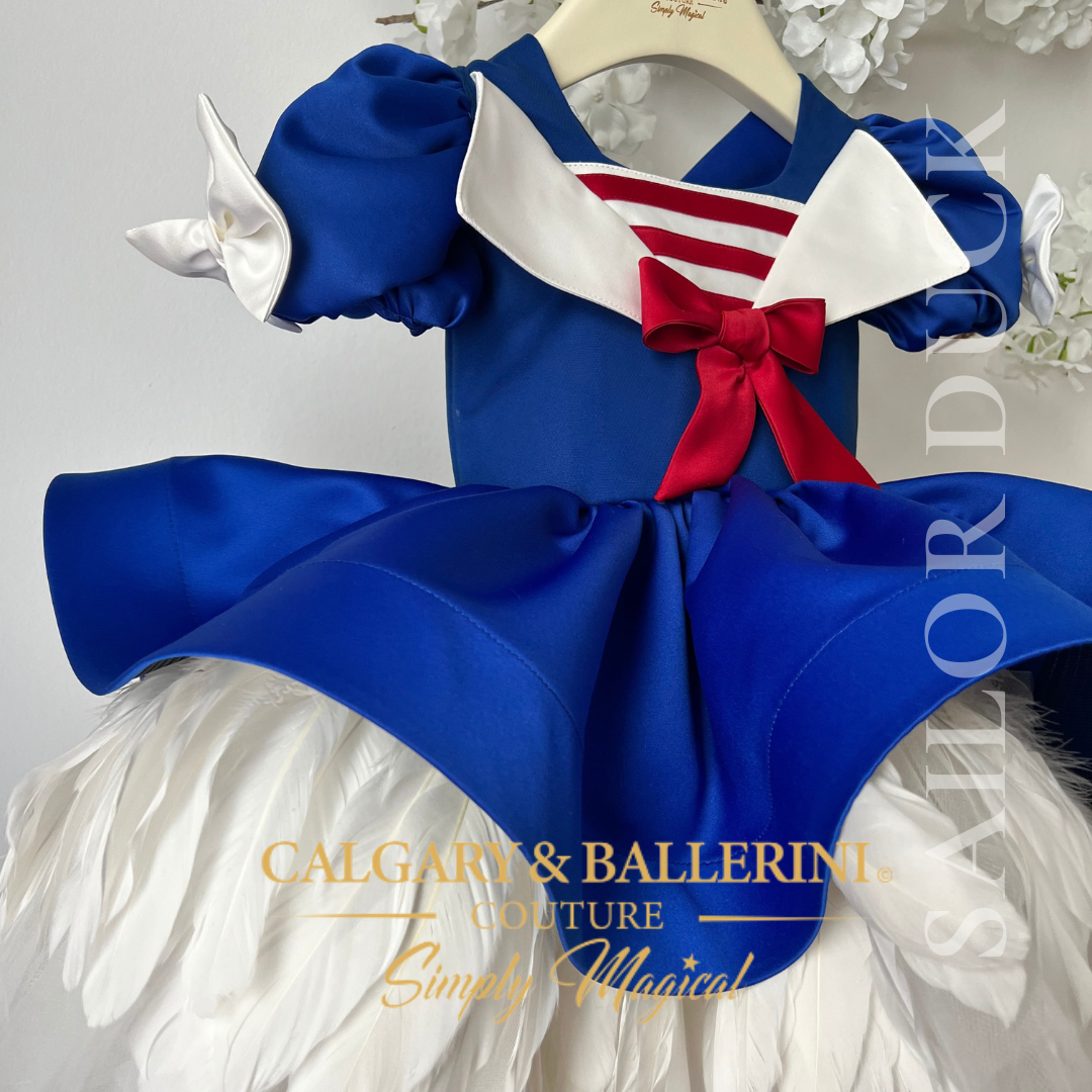 Custom Daisy-Inspired Birthday Dress with Blue and White Feather Design