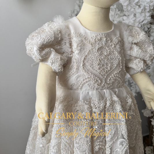 Designer christening outfit for baby girls with flowing lace gow