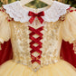 Baby snow white costume on hanger, yellow tulle ball gown with gold lace border and red tulle cape