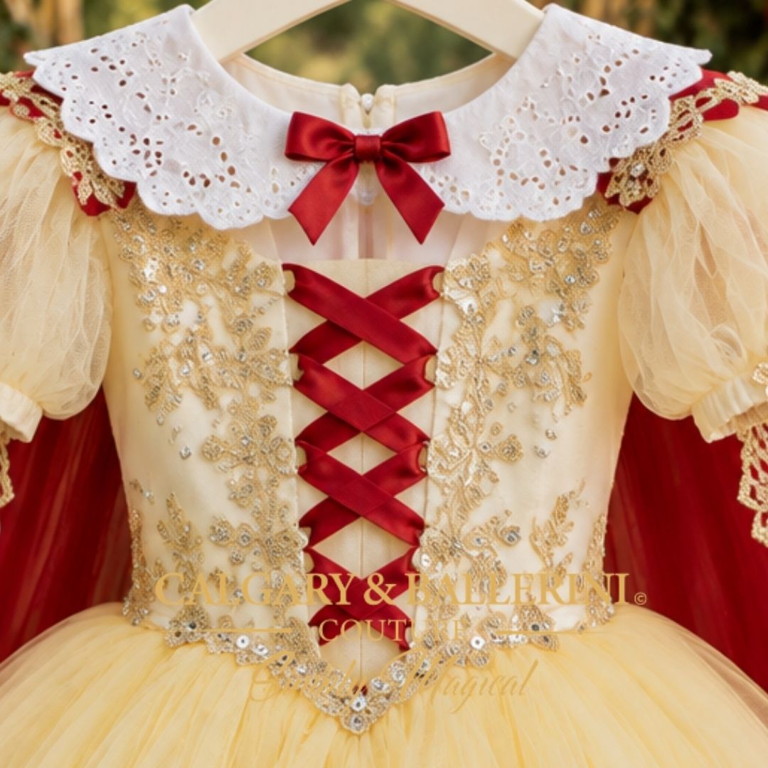 Baby snow white costume on hanger, yellow tulle ball gown with gold lace border and red tulle cape
