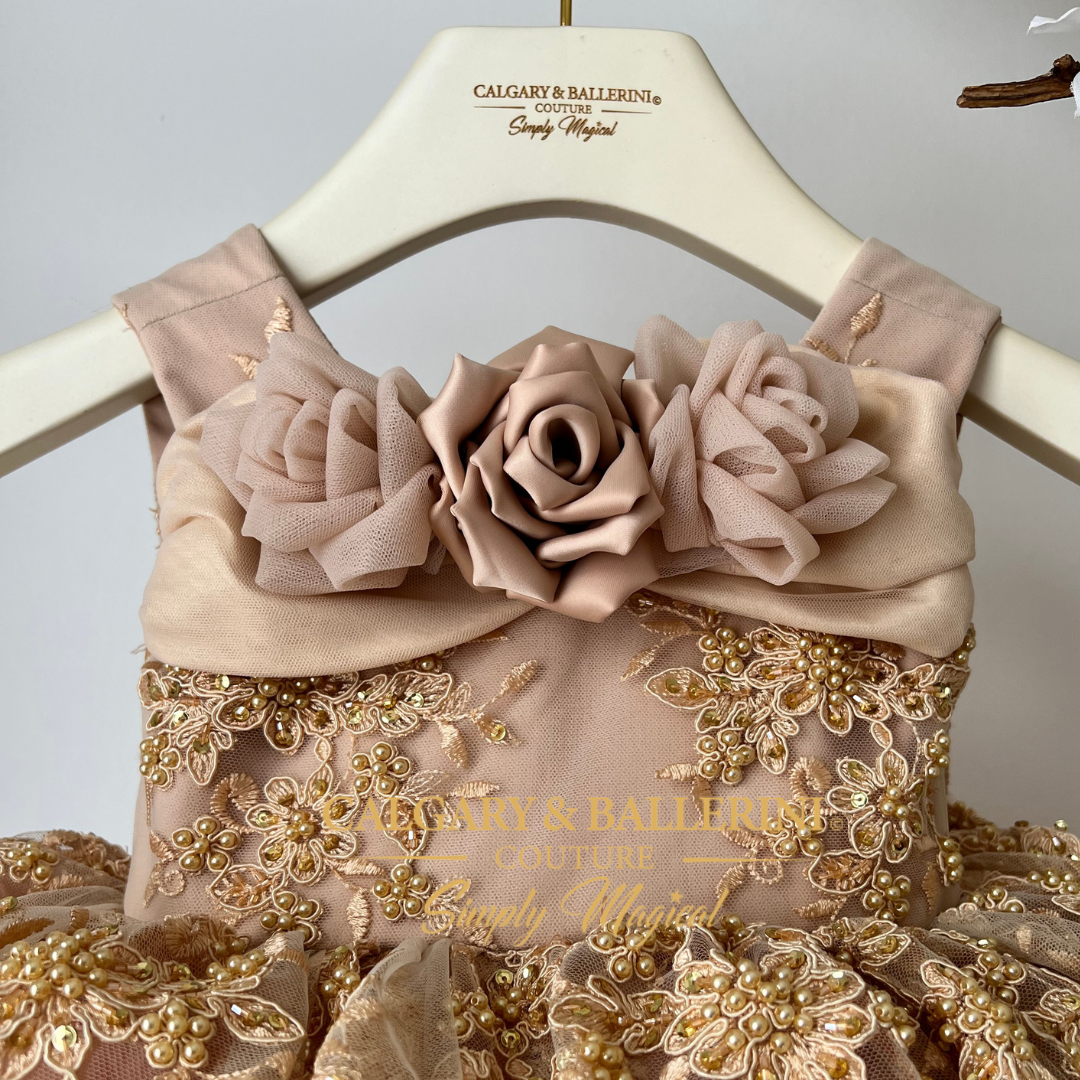 couture designer rose gold baby girl dress 