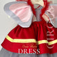 first birthday dress for baby girl side view showing red satin skirt and large elephant ear on either shoulder 