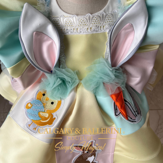 Back view of toddler Easter dress with bow detail and full tulle skirt
