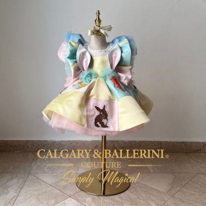 Puffy skirt Easter egg hunt dress for toddler girls with pastel satin and tulle