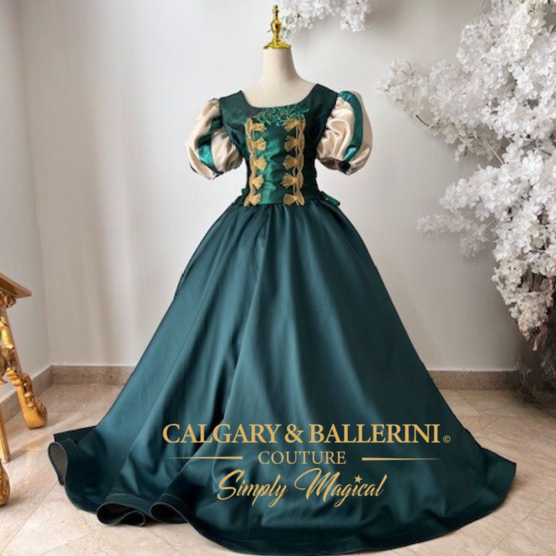 Emerald princess cosplay gown for adults inspired by Merida’s Celtic style