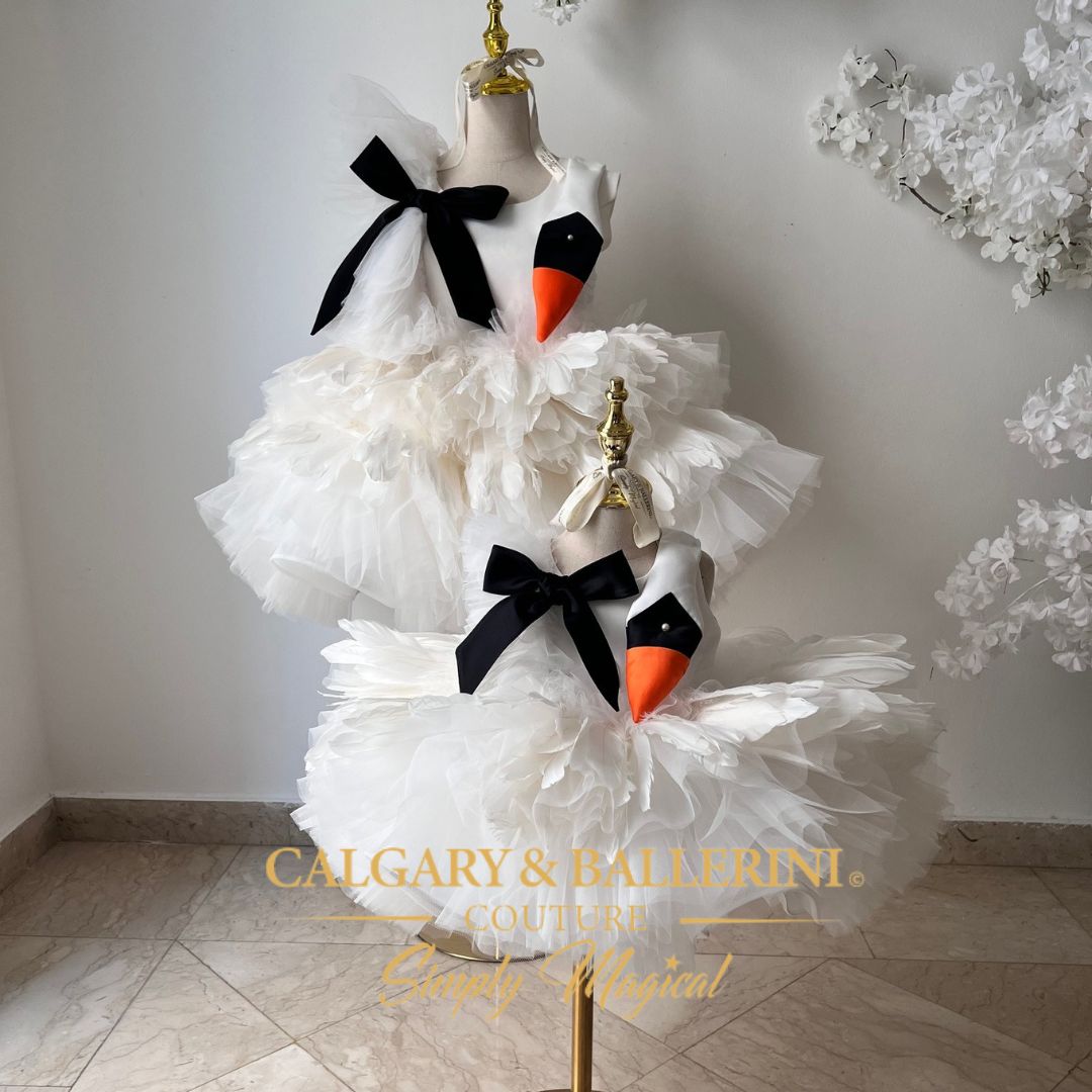 Shop Ethereal Swan Lake Matching Dresses – Bespoke White Feather Couture Gowns for Luxury Holiday Celebrations, Calgary and Ballerini.