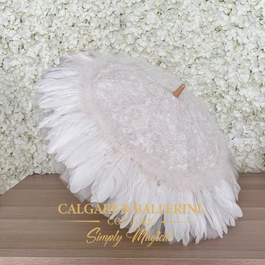 The "Ethereal Swan" Heirloom Feather & Pearl Parasol White