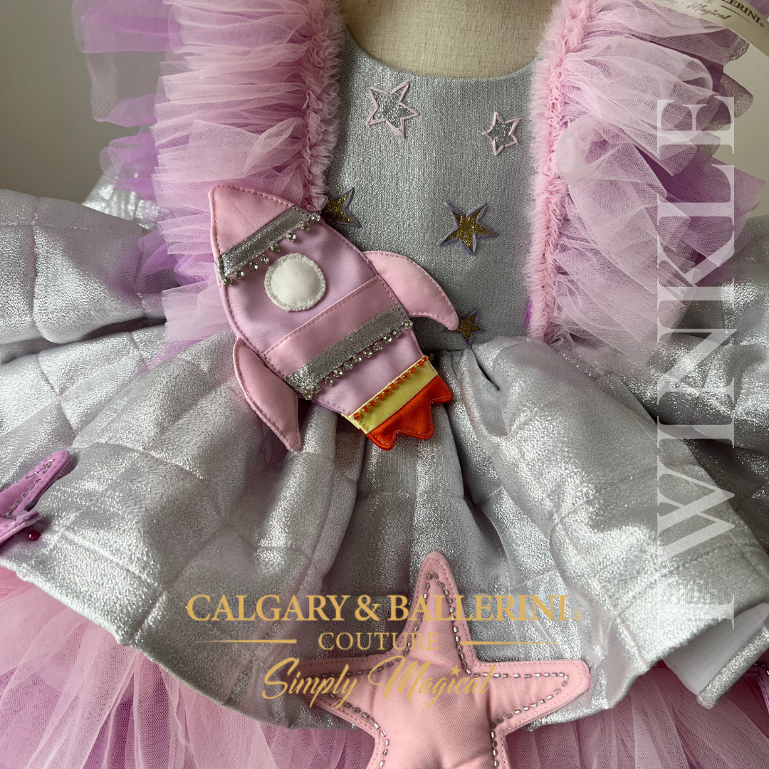 First Birthday Galactic Dress with Stars and Rocket Ship Details