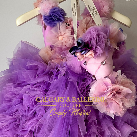 Luxury first birthday dress for baby girl in purple and pink