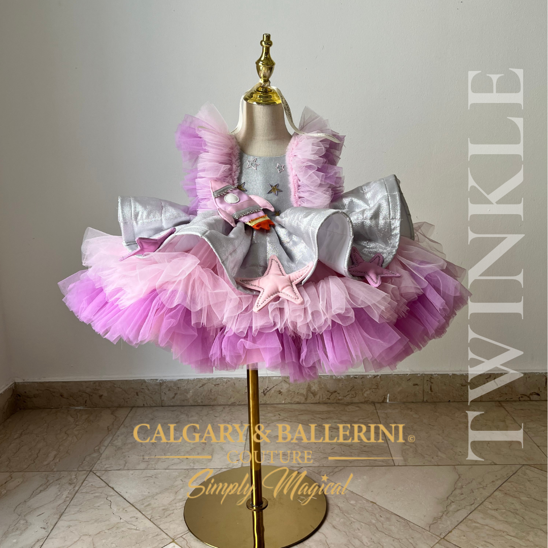 Buy First Trip Around the Sun Silver Gala Dress – Knee Length Metallic Birthday Gown with Handmade Cosmic Appliqués for Professional Photoshoots, Calgary and Ballerini.