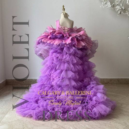 Birthday dress purple ruffle train back view on dress shop Easter dress for girls