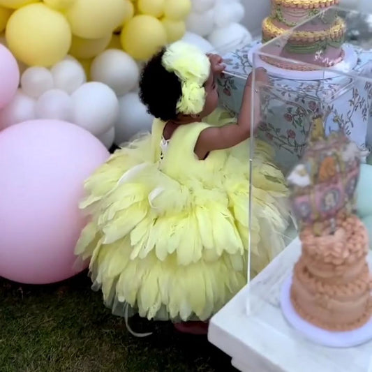 first birthday yellow feather dress 