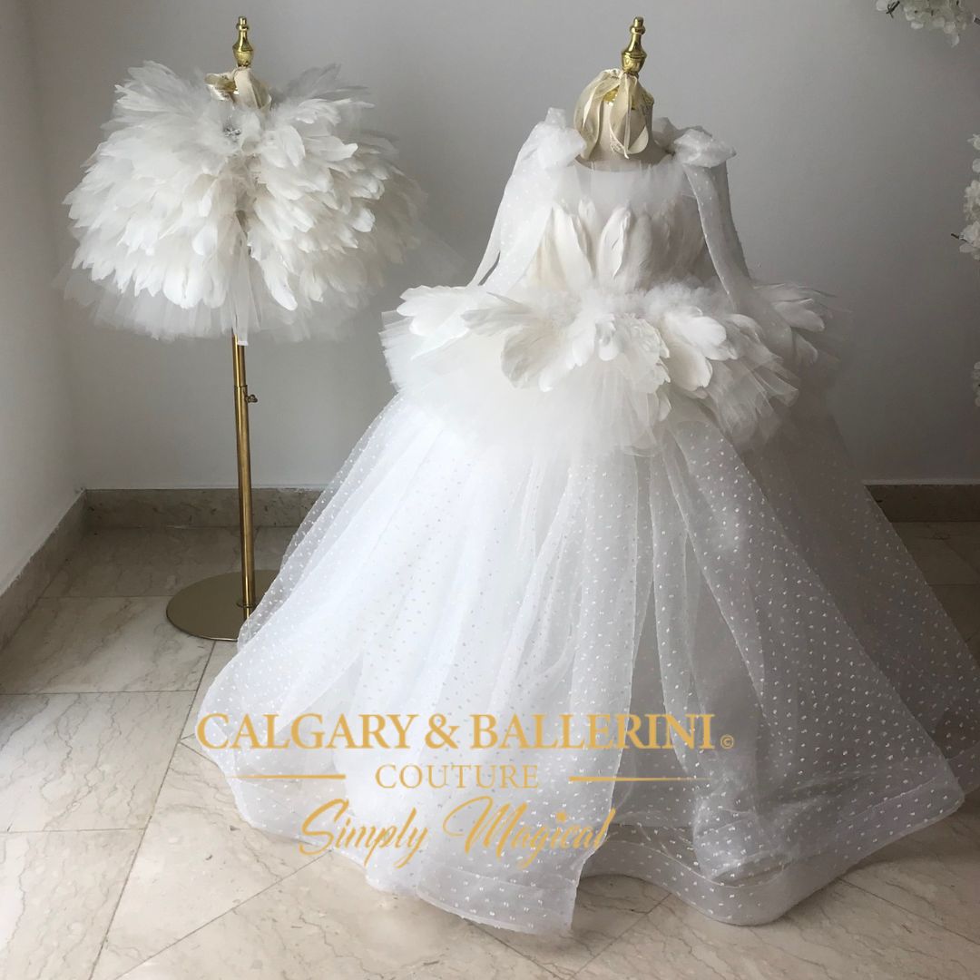 Luxury First Communion Dresses – Princess Ballgown with Feather Cape