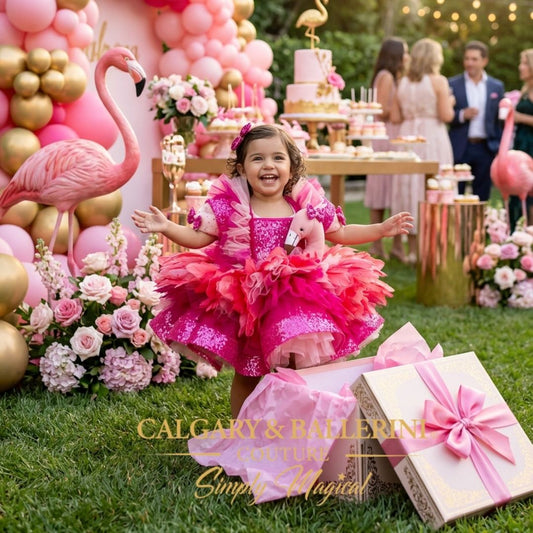 Two-year-old girl in flamingo sequin birthday dress, opened gift box beside her, luxury flamingo-themed garden birthday party