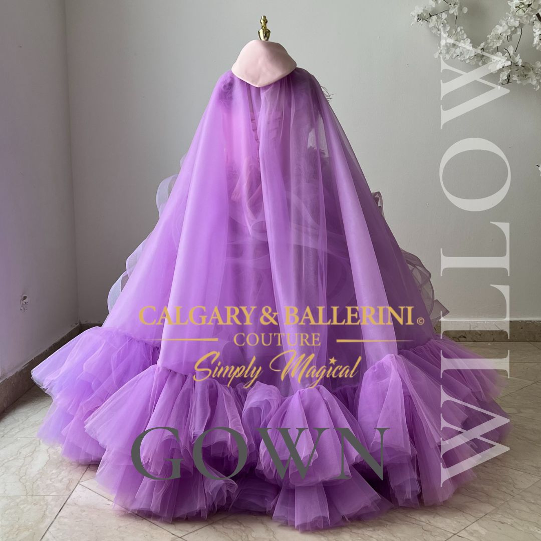 Floor-length purple flower girl gown for birthday parties and red carpet events.