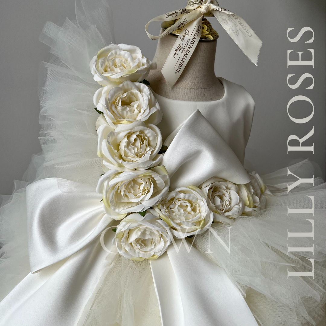 Designer Girls Ivory Big Bow Couture Gown with Roses