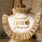 Fairest ONE of them all gold embroidered first birthday bib with gold tulle ruffles, snow white baby costume set