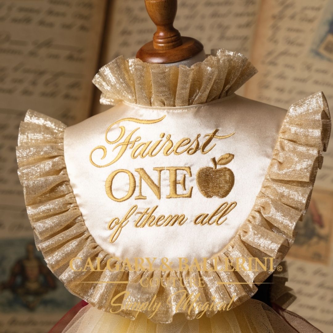 Fairest ONE of them all gold embroidered first birthday bib with gold tulle ruffles, snow white baby costume set